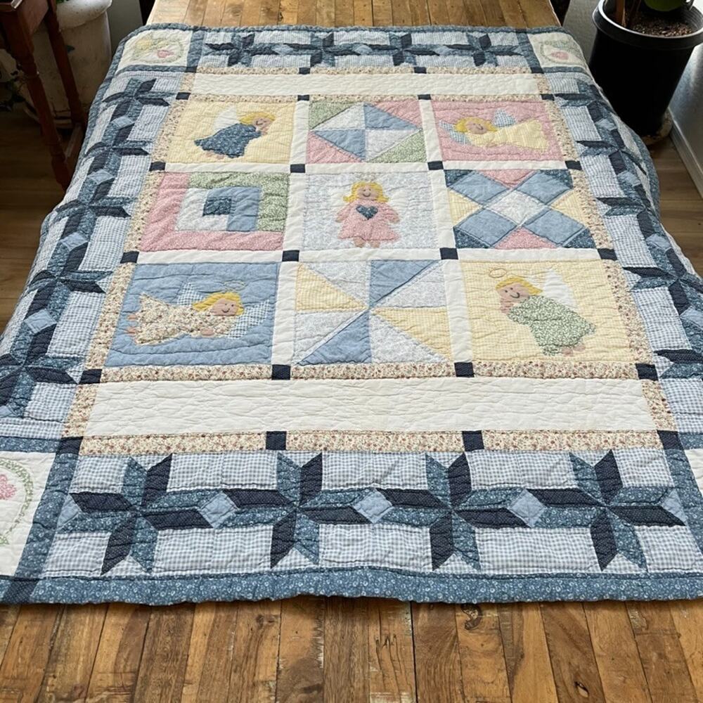 2001 Avon Angel Quilted Throw Blanket 50 x 50 in 100% Cotton Rod Pocket